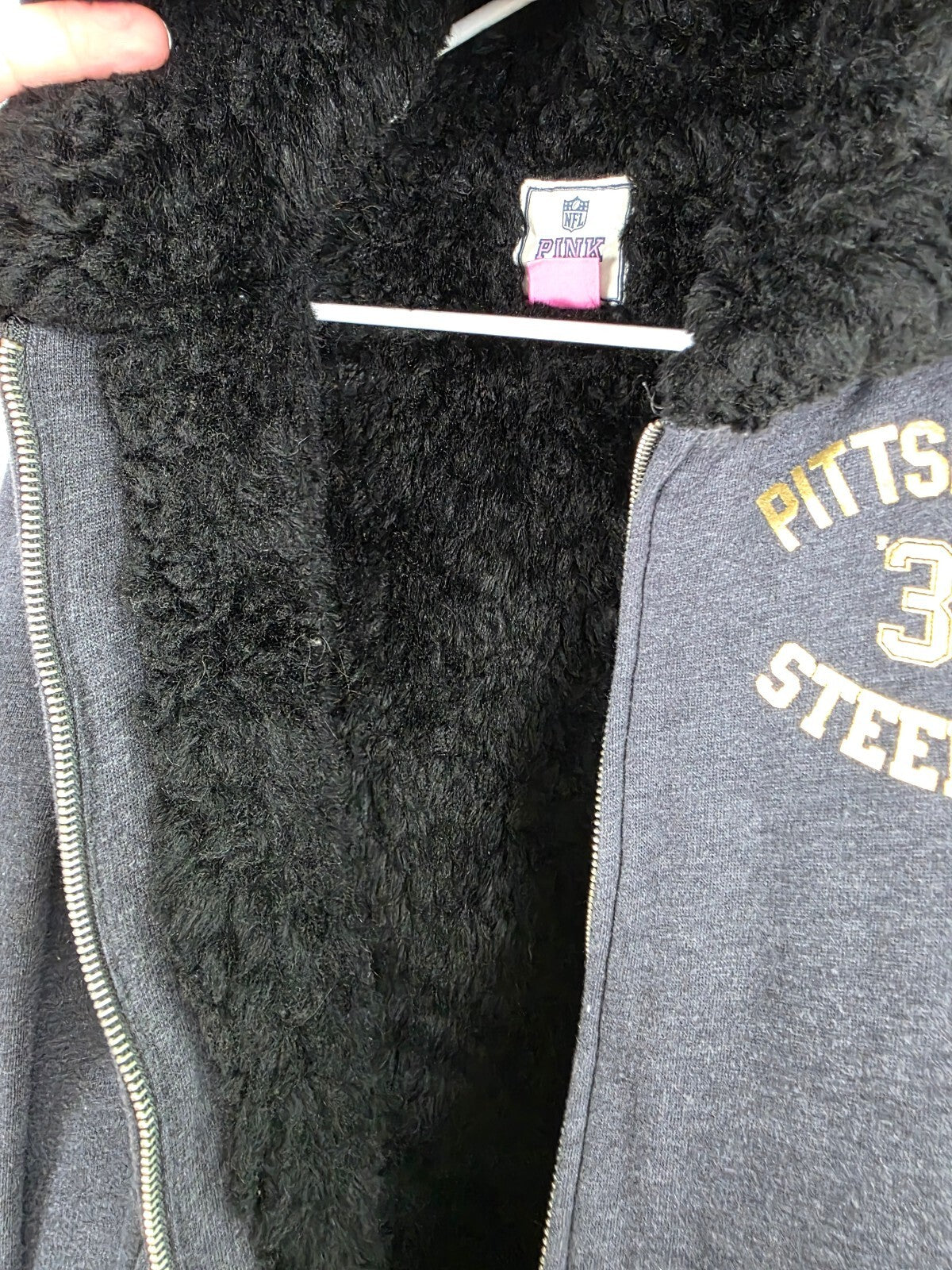 2011 Victoria's Secret PINK NFL Steelers BLING Fur Lined Hoodie Large L Jacket