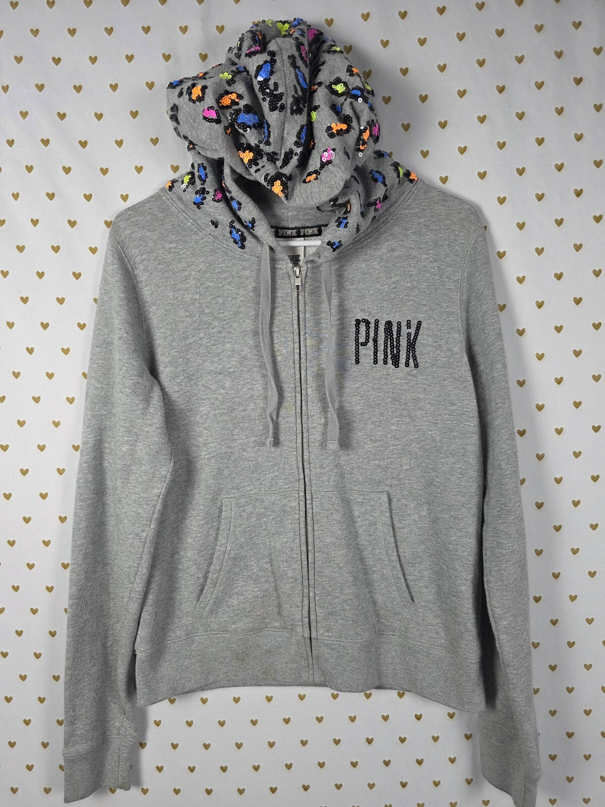 Victoria's Secret PINK Rare LIMITED Sequin Leopard Love Pink Zip Hoodie Gray M