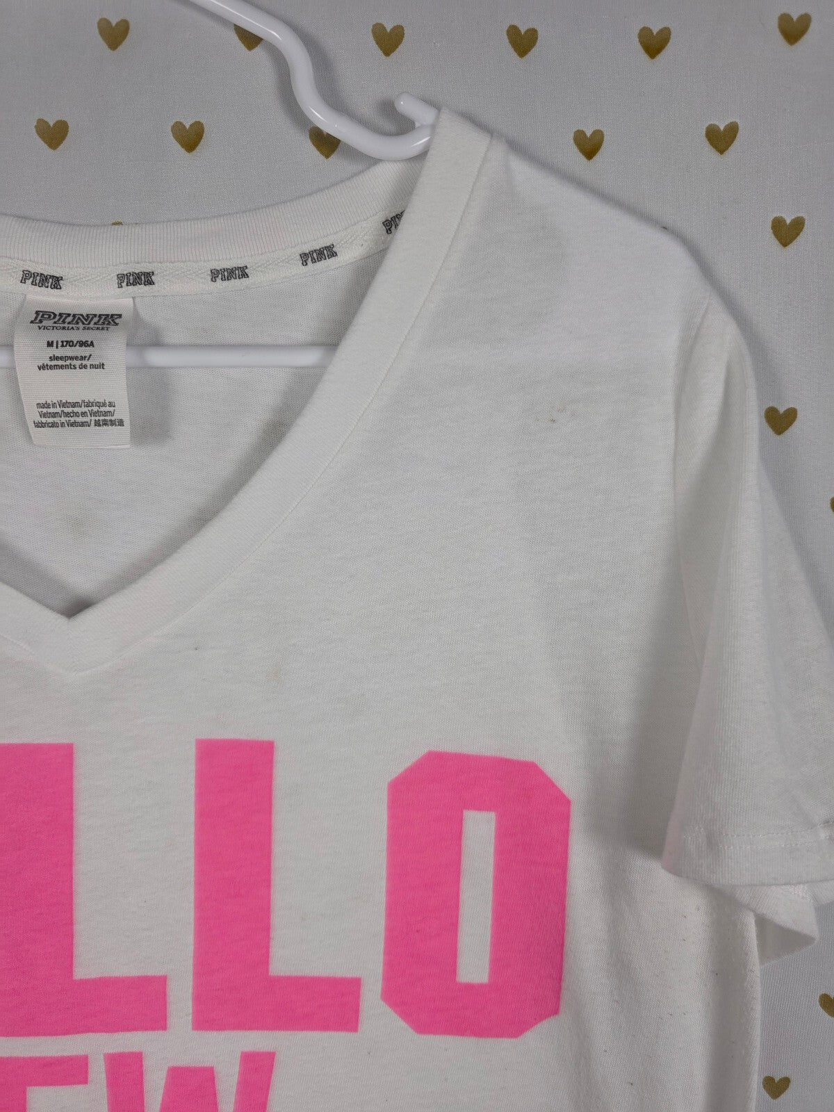 Victoria's Secret PINK Hello New Pink Neon Graphic V Neck Tee Shirt M