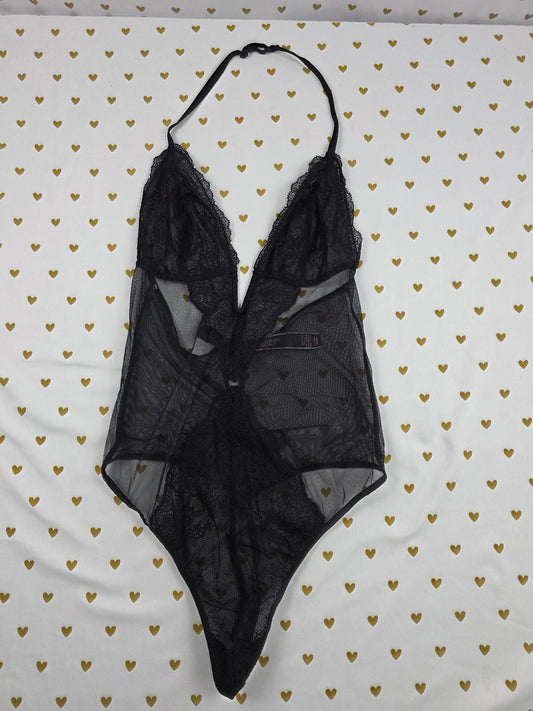 Victorias Secret Black Sheer Halter Teddy Nightie Lingerie V String Thong SMALL