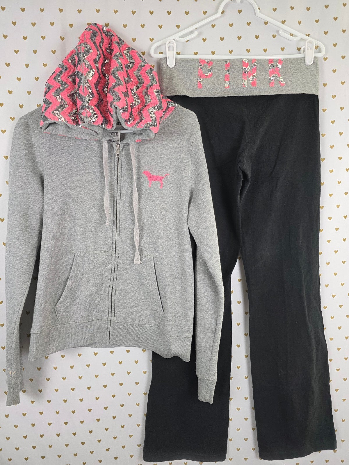 Victorias Secret PINK RARE Chevron Bling Foldover Y2k Yoga Pants Jacket SET MED