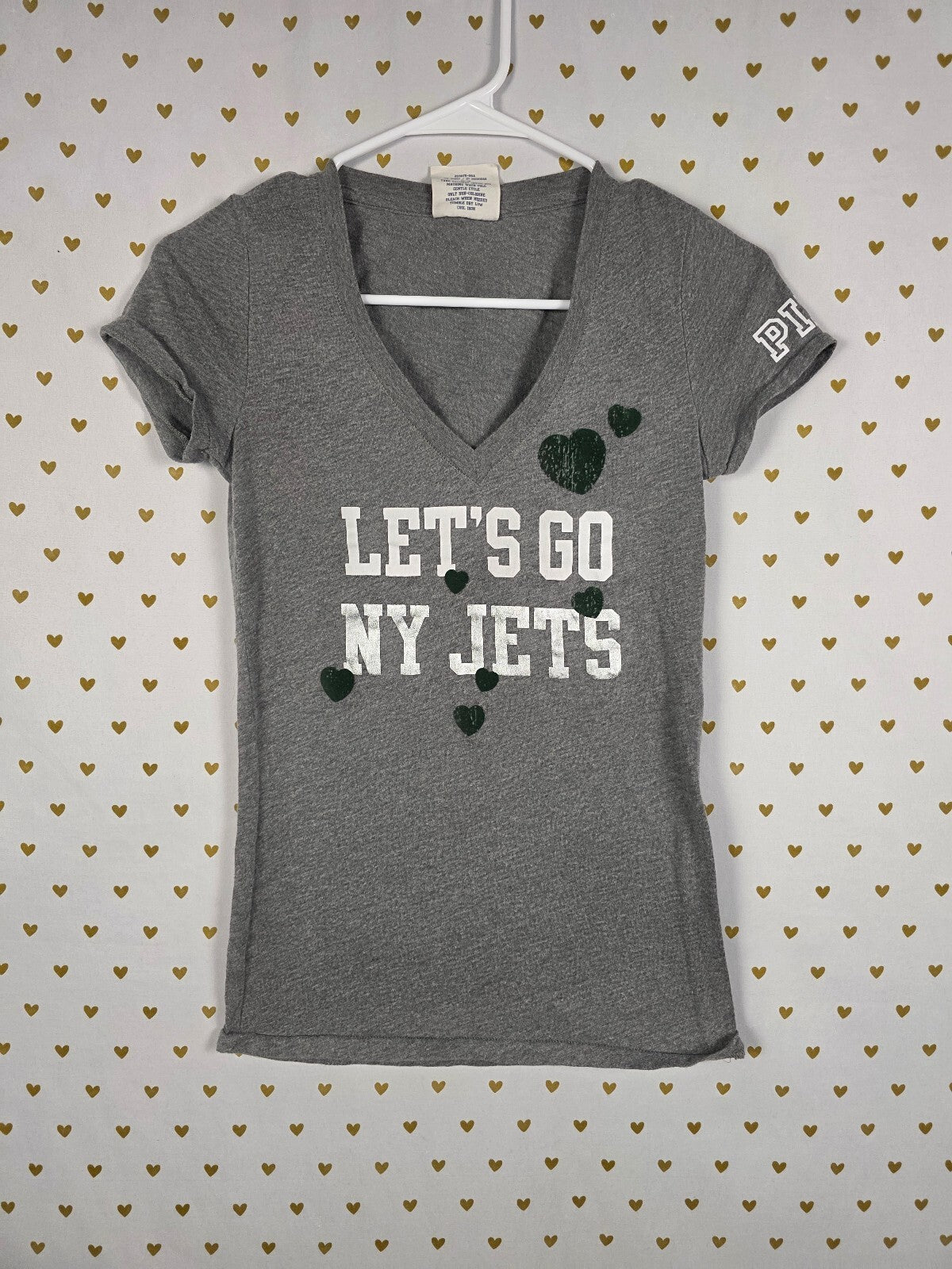 Vintage VS PINK NY Jets NFL V Neck Tee XS 5th Ocean Gray Green Hearts