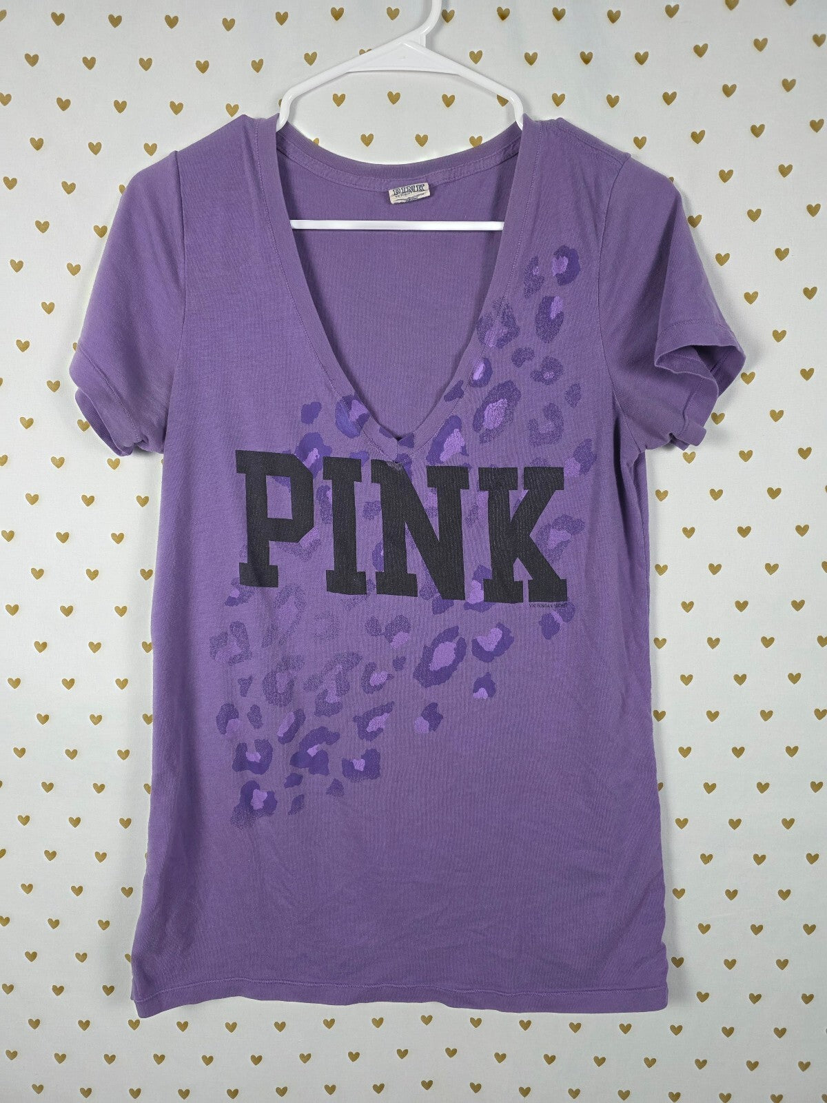 Victorias Secret PINK Vintage Y2k Purple Leopard Cheetah V neck Tee shirt Medium
