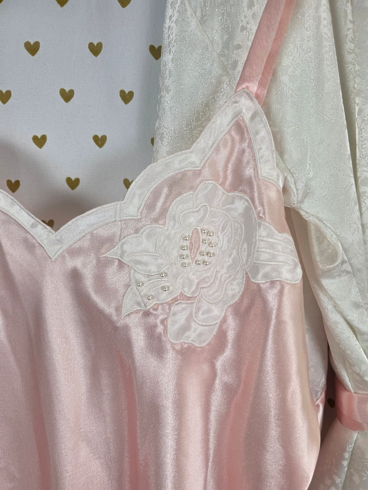 Vintage Victoria's Secret Gold Label Satin Nightgown Robe Set Pink Ivory M