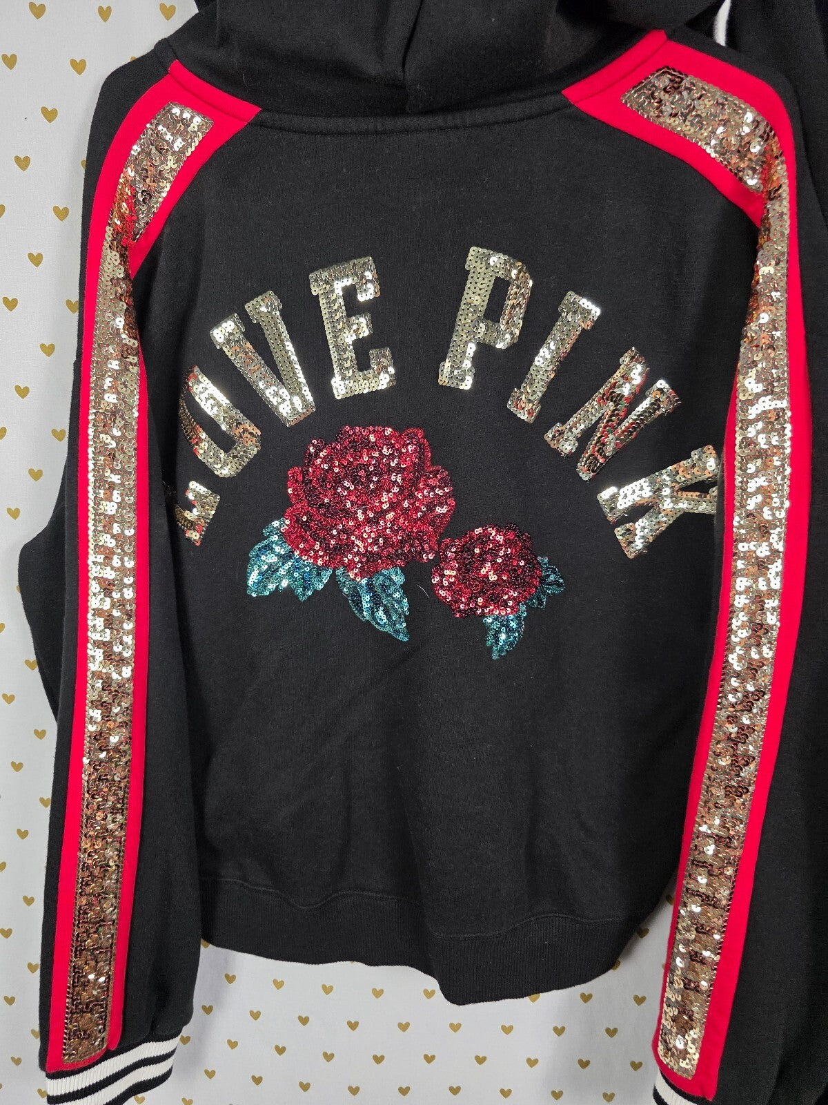 Victorias Secret Pink Rose Bling SET Hooded Sweater sequined Sweatpants Large