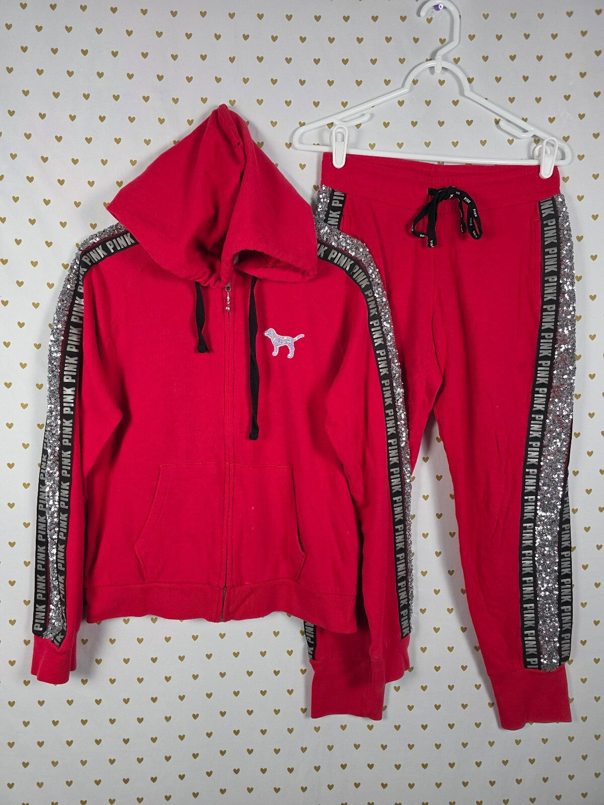Victorias Secret Pink Red BLING Dog Logo SET Hoodie Sweatpants SM MEDIUM HTF 2pc
