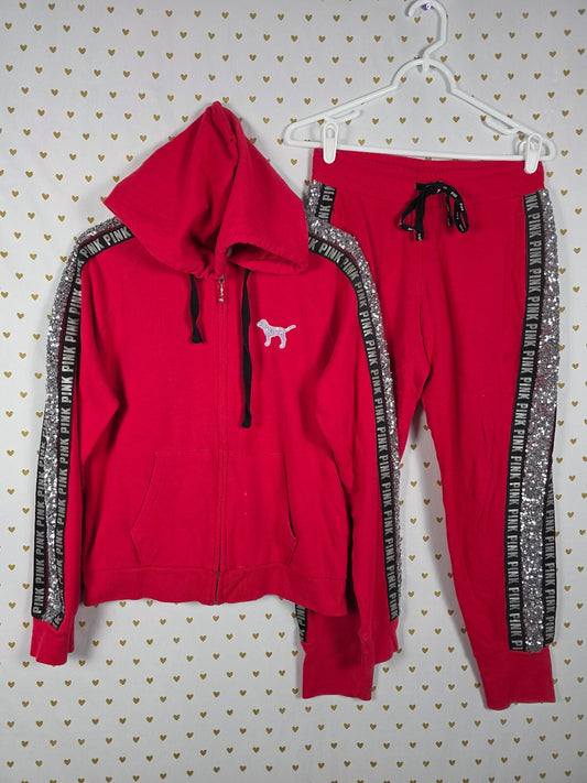 Victorias Secret Pink Red BLING Dog Logo SET Hoodie Sweatpants SM MEDIUM HTF 2pc