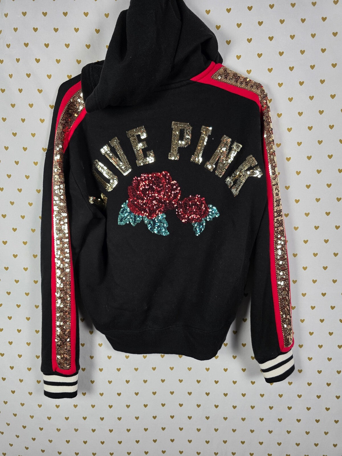 Victoria's Secret PINK Sequin Rose Hoodie Black Gold Stripe Pullover XS