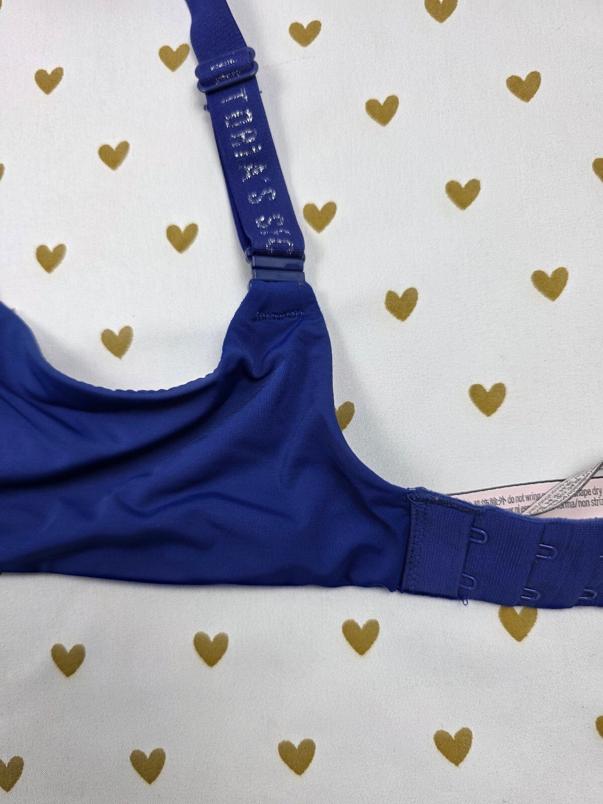 Victorias Secret Blue Logo strap T shirt lightly Lined Wireless No Wire bra 38DD
