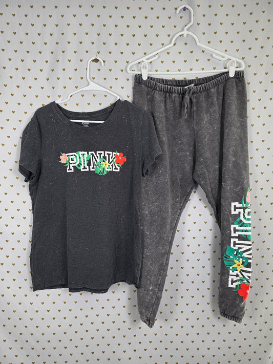 Victorias Secret PINK Vintage Style Hawaiian Set Tee shirt Sweatpants Sweats L