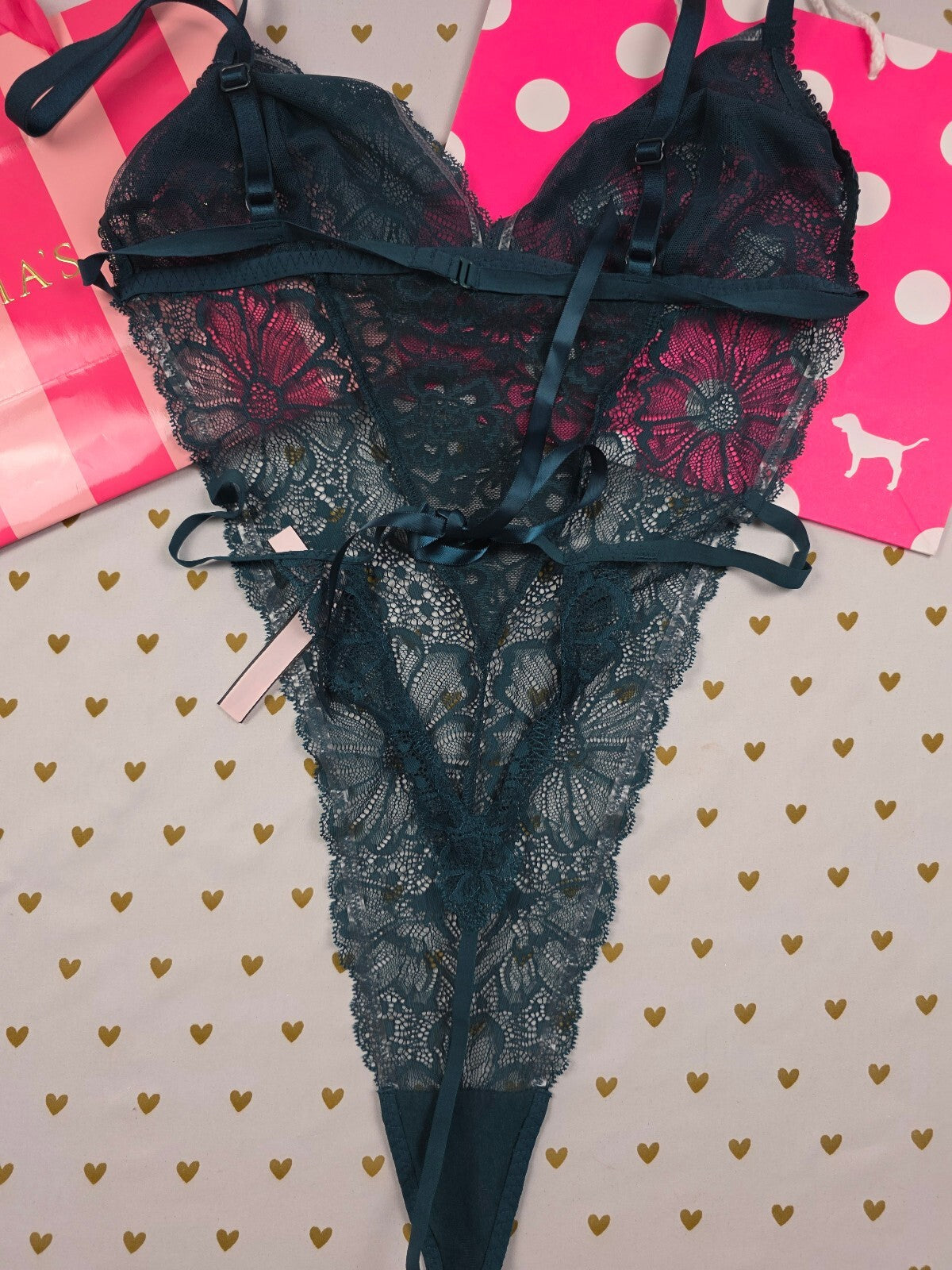 Victoria's Secret Teal Floral Lace Teddy Bodysuit XL Satin Tie Thong