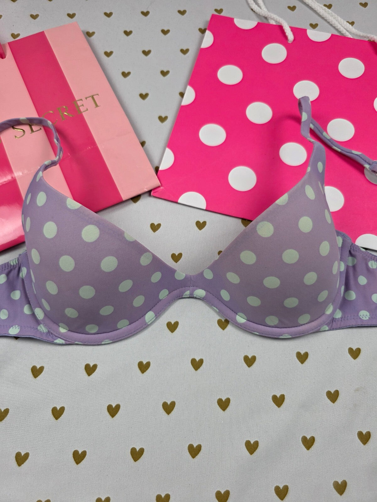 Victorias Secret Pink Vintage Polka Dot Purple Scoopneck Bra 34B