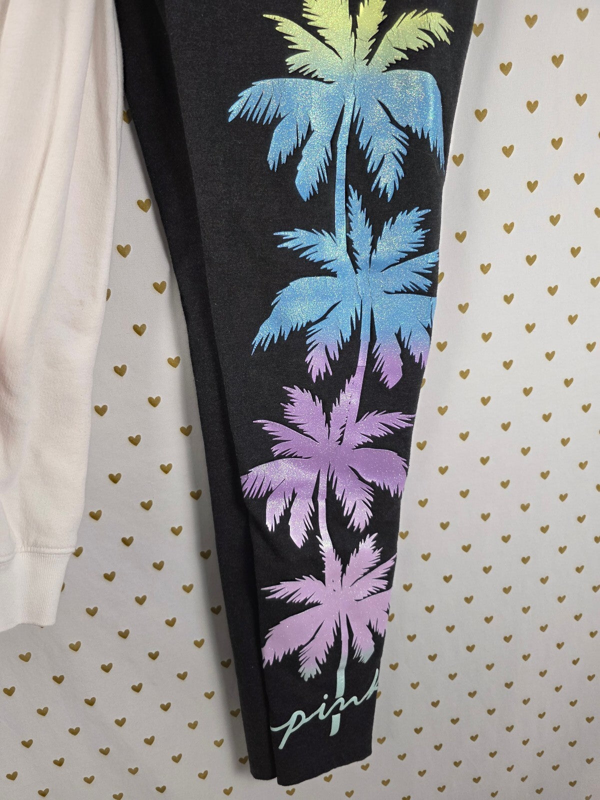 Victorias Secret PINK 2PC SET Glitter Palm Bling Yoga Pants Slouchy Sweater MED