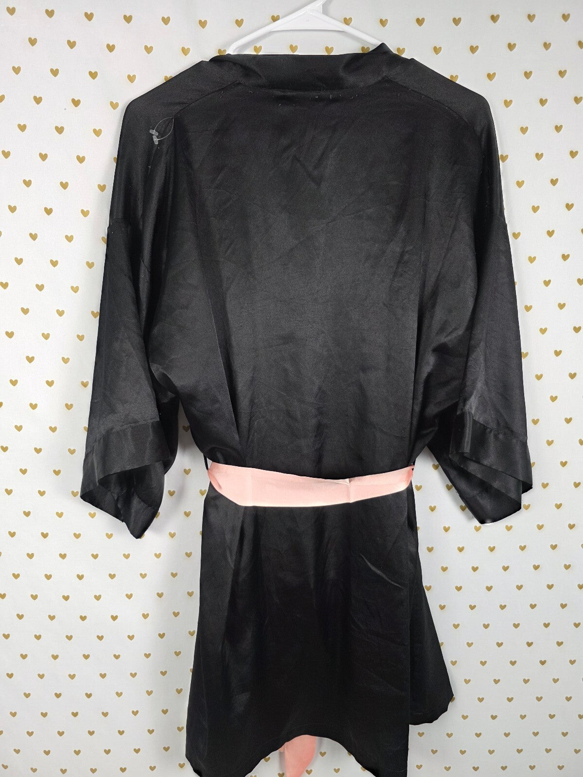 Victorias Secret Satin Silky Robe Black Pink Lounge Kimono Wrap Small Med pocket