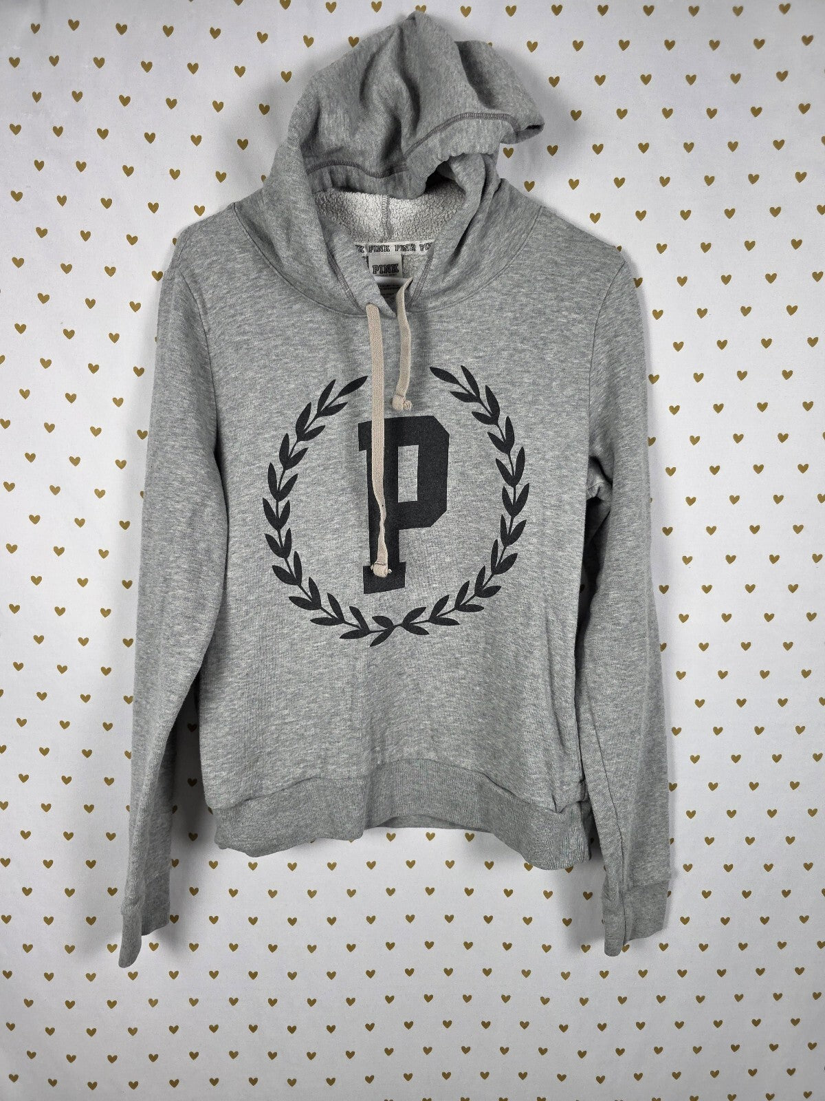 Victorias Secret Pink Crest Logo Grey Pullover Hooded Sweater MEDIUM