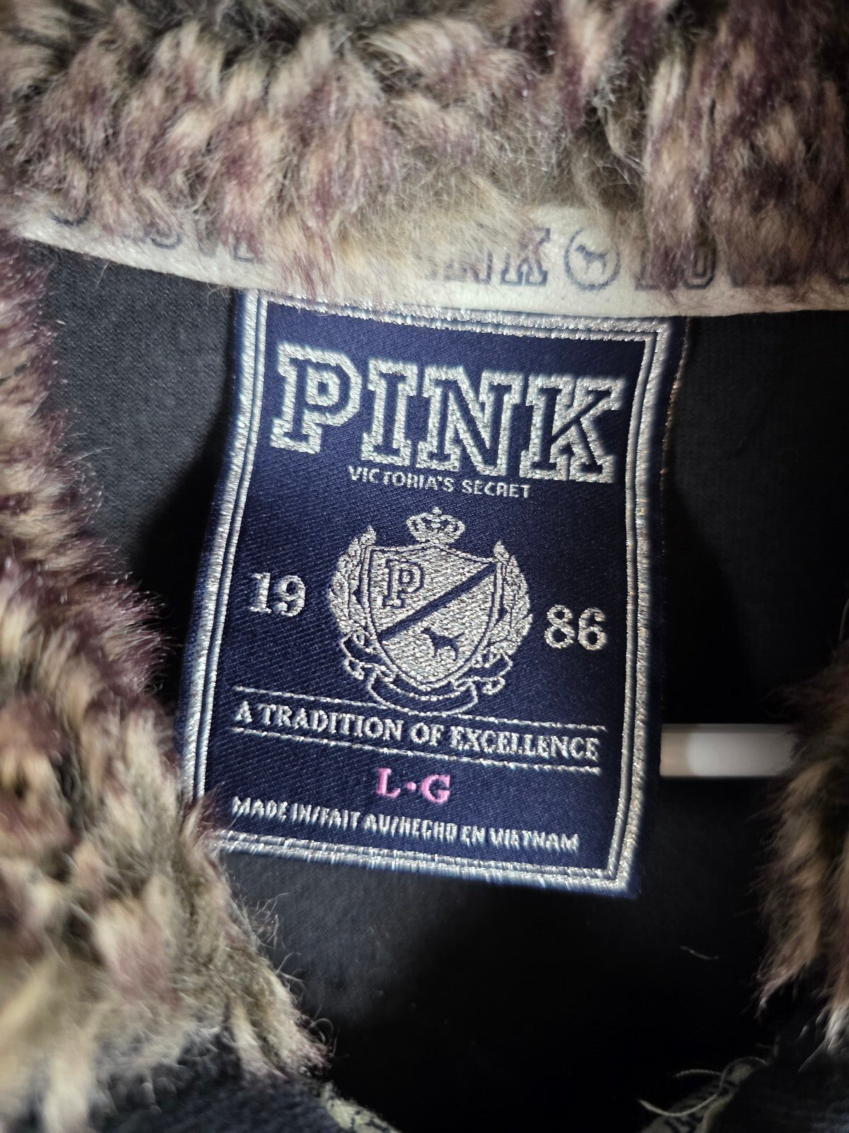 Vintage Victoria’s Secret PINK Velour Hoodie L Faux Fur MEGA BLING Sequin Heart