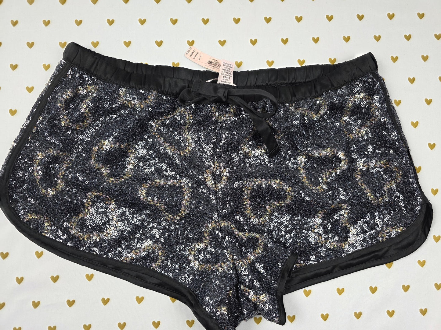 Victoria's Secret NWT Black Sequin Leopard Lounge Sleep Shorts Satin Heart M