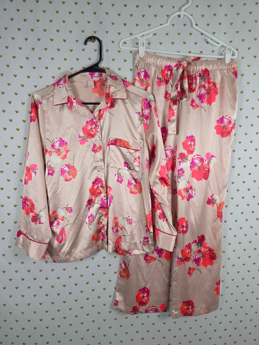 Victorias Secret Floral Satin 2pc Sleep Set Pajamas Shirt Pants XS Outfit
