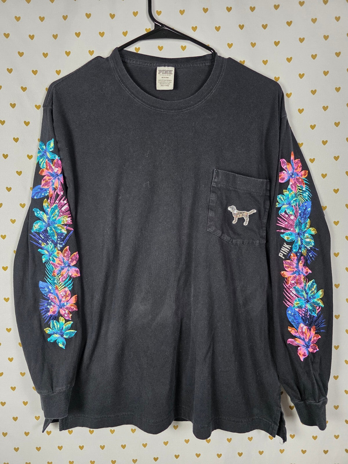 Victorias Secret PINK Hibiscus BLING Long Sleeve Pocket Tee MEDIUM Embroidered