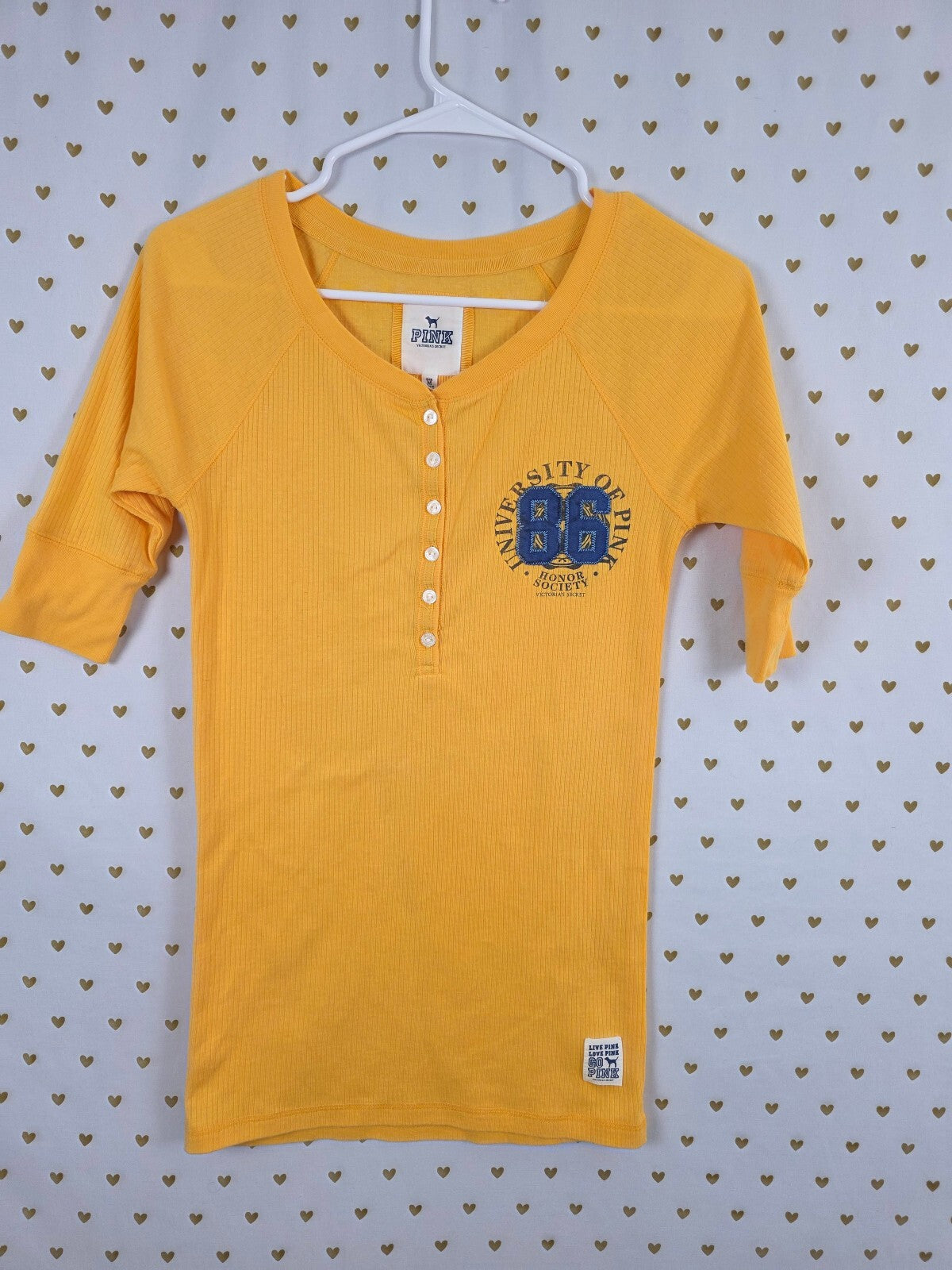 Vintage 2008 VS PINK University of Pink 86 Yellow Ribbed Henley Top M Y2K