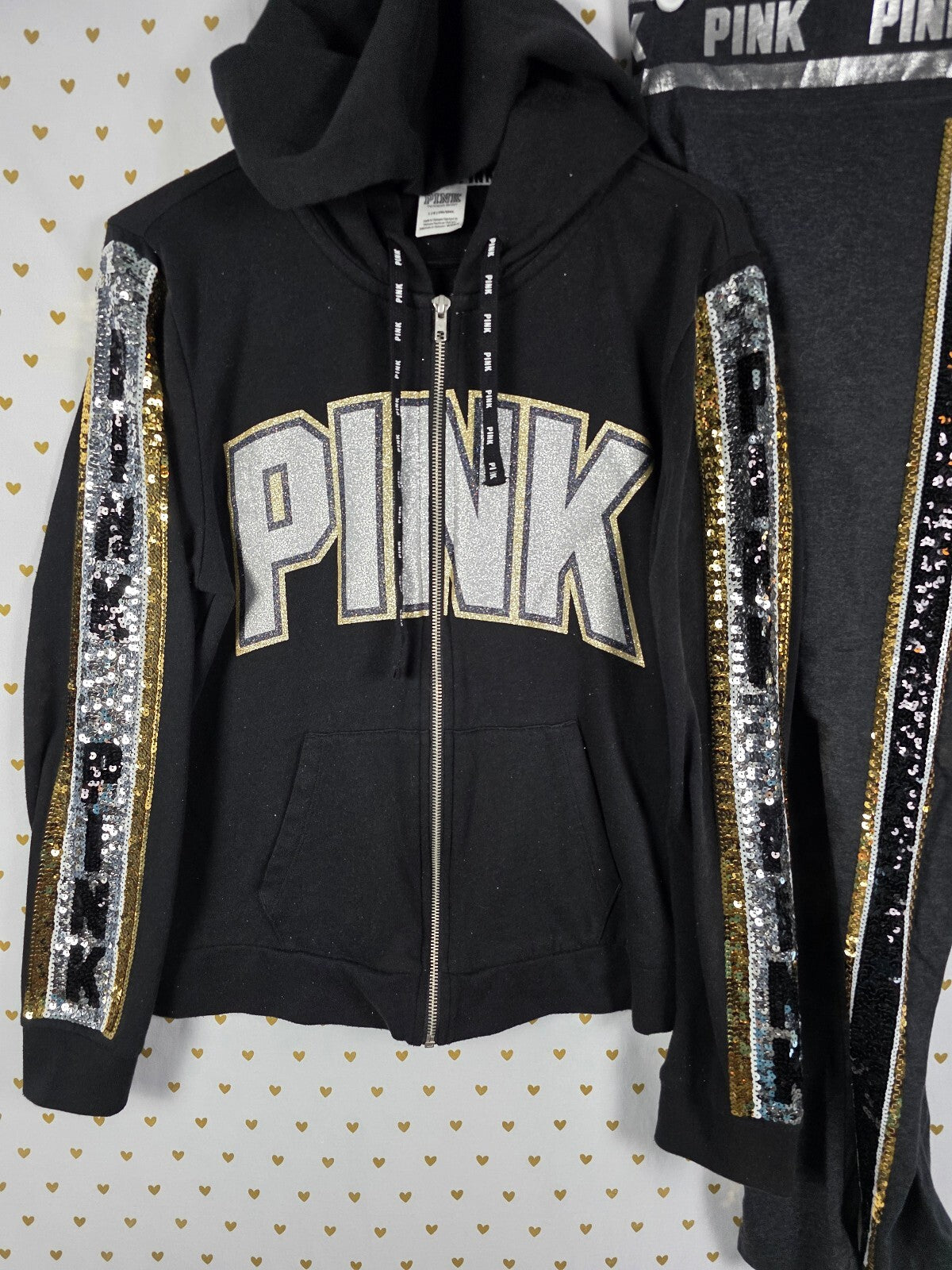 Victorias Secret Pink Bling sequined Hoodie Jacket Yoga Pants SET LARGE
