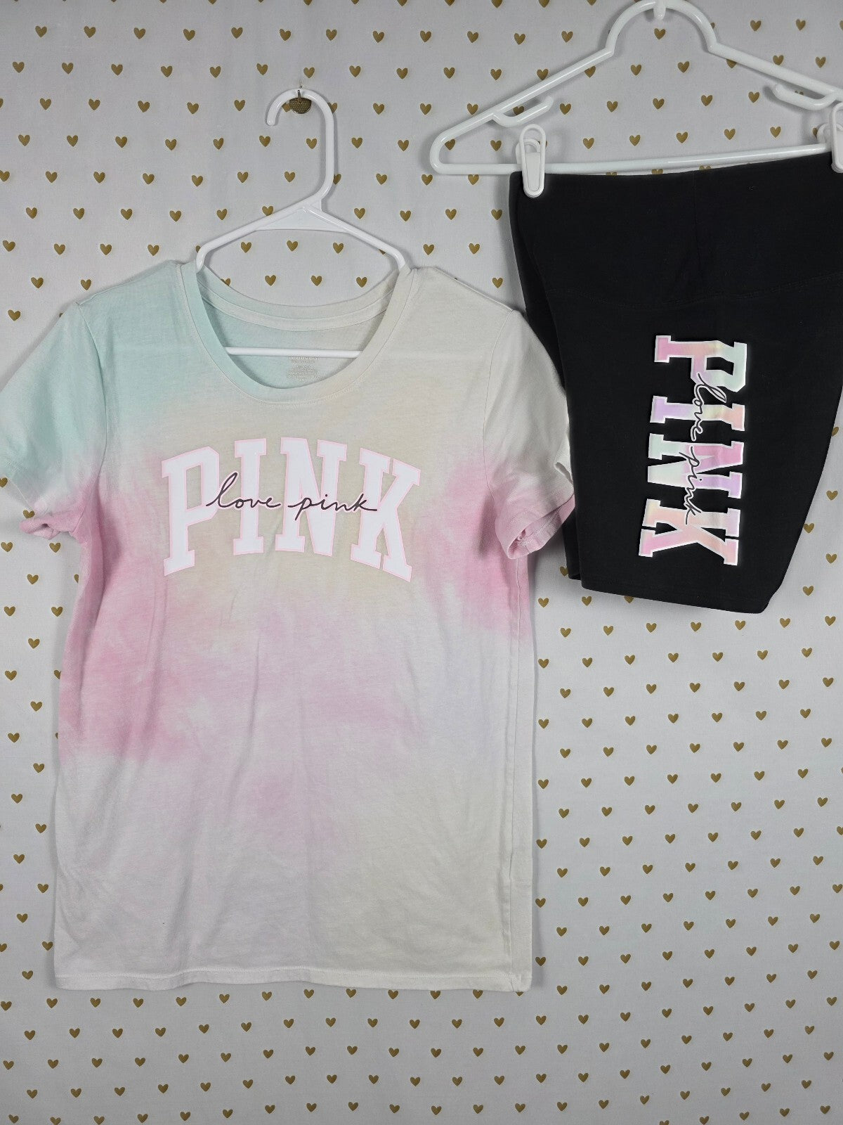 Victorias Secret PINK Watercolor Logo Bike Shorts Tee Shirt SET 2pc Outfit SM M