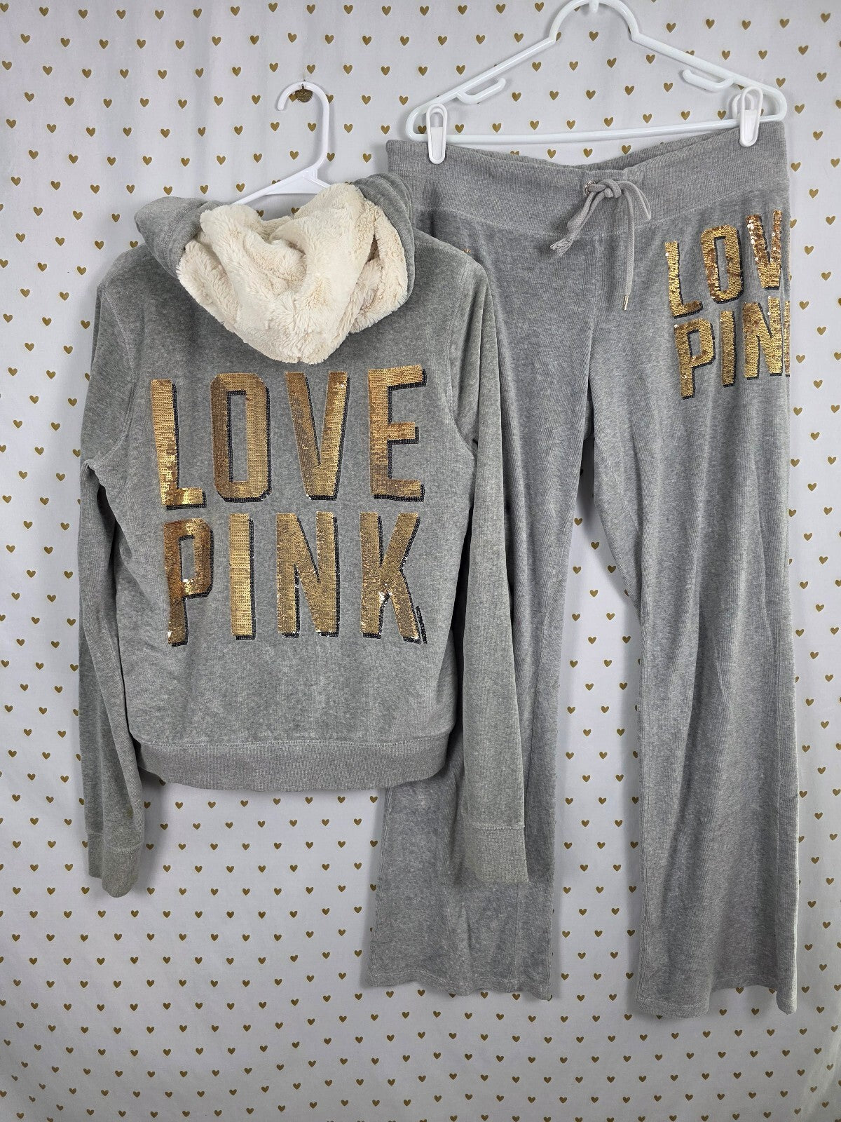 Victorias Secret Pink Fur Lined Bling Vintage Velour SET Hoodie Sweats L Grey