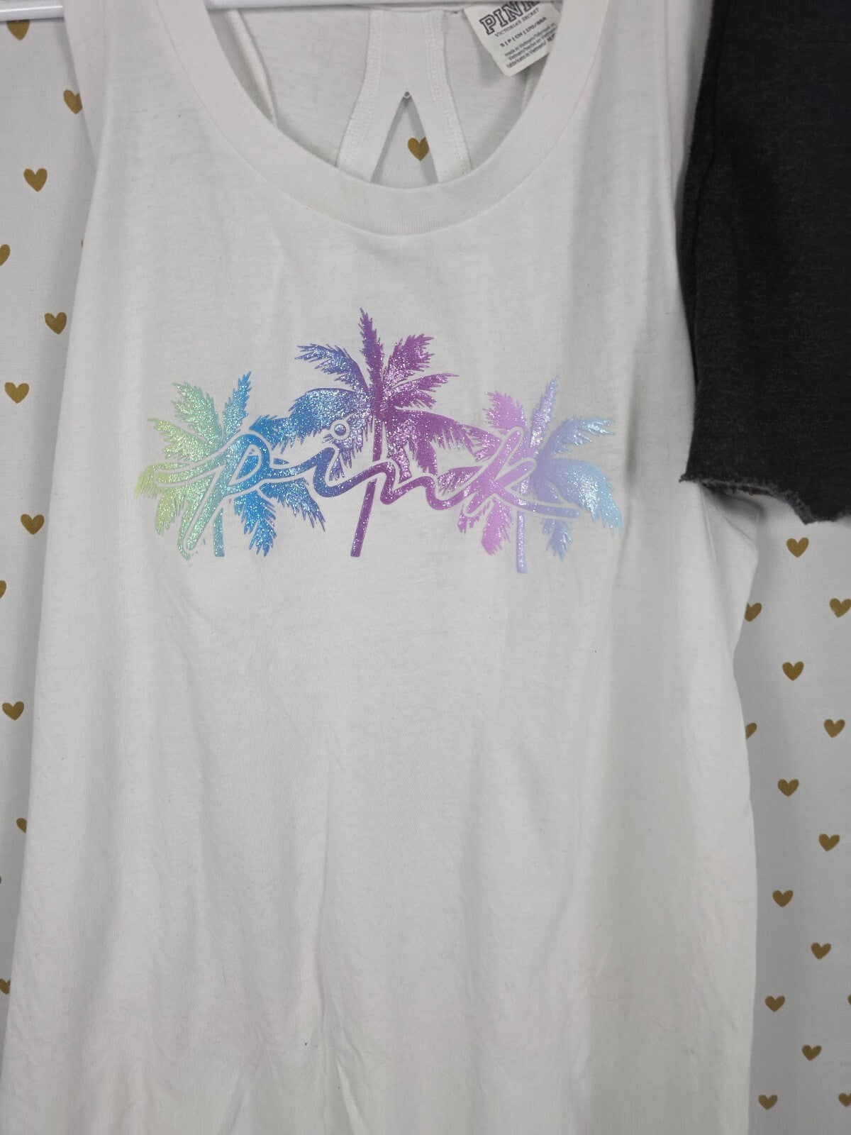 Victorias Secret PINK GLITTER BLING PALM Set Tank Top Sweat Shorts OUTFIT SMALL