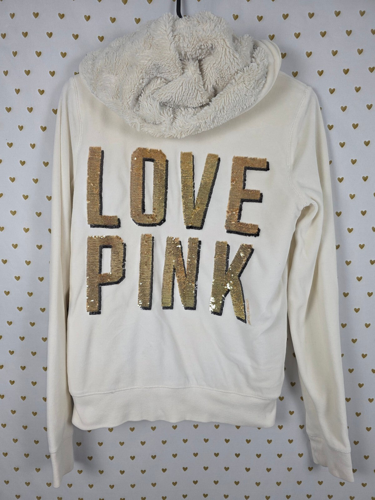 Victorias Secret Pink Vintage Y2k BLING gold Velour Hoodie Jacket FUR LINED SM