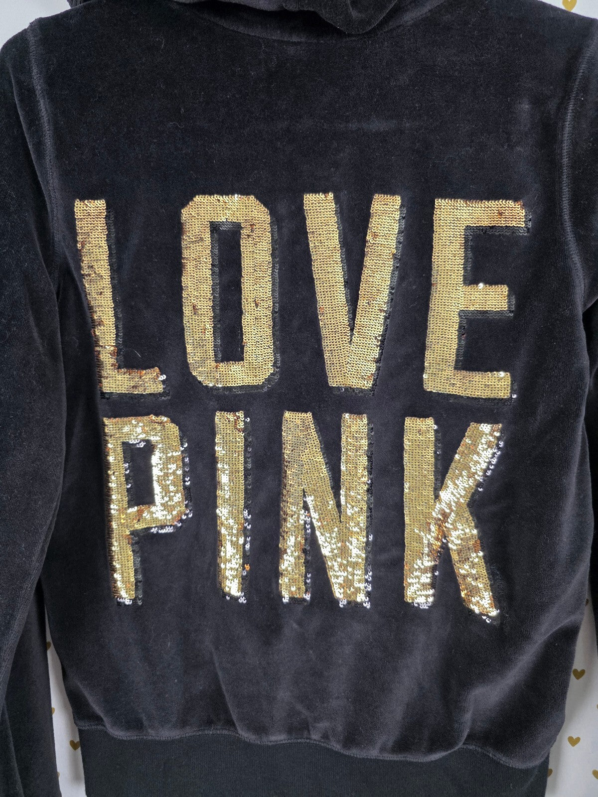 Victorias Secret Pink Vintage VELOUR BLING Hoodie Sequined Jacket Gold Black MED