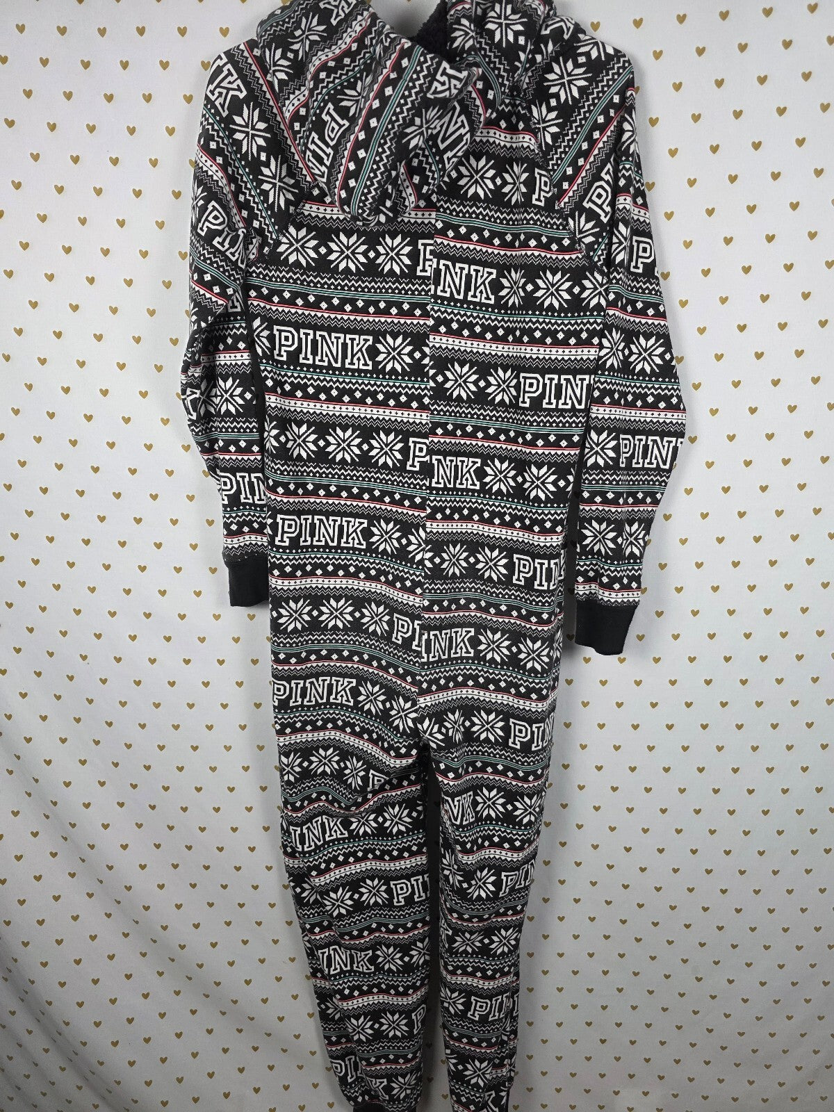 PINK Victoria's Secret XS Sherpa Lined Hooded One Piece Pajamas Fair Isle