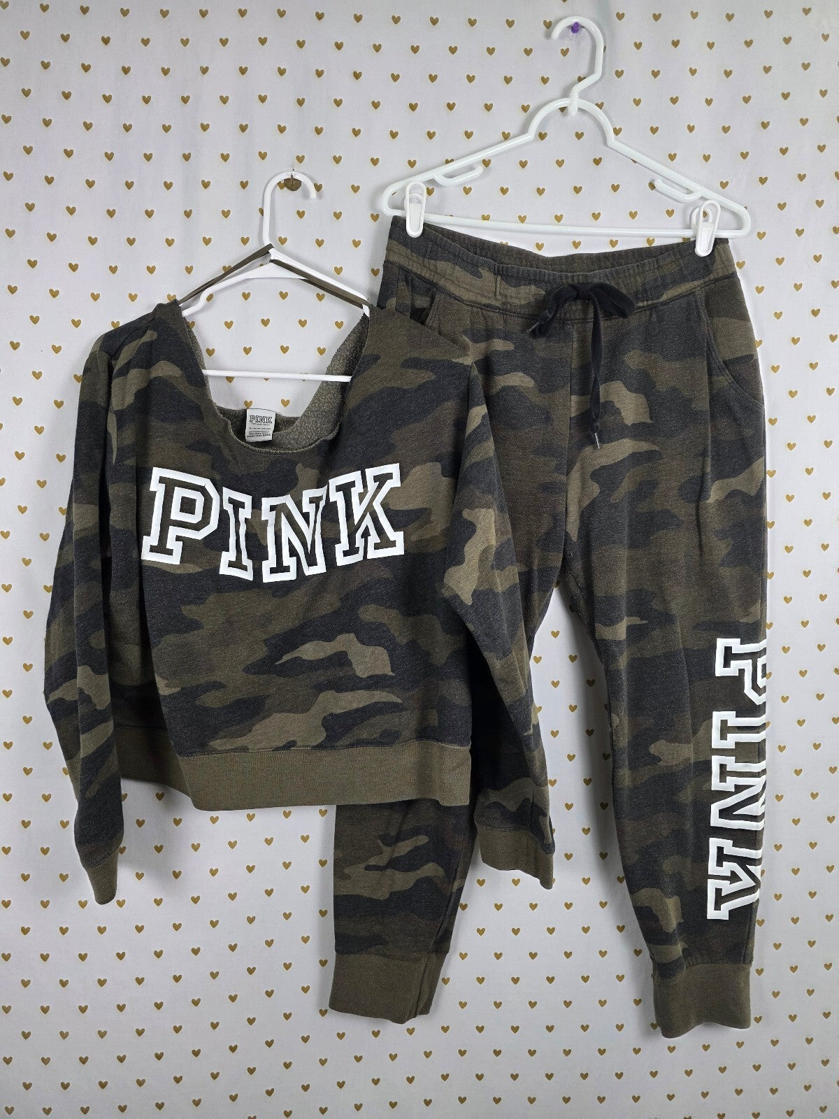Victorias Secret Pink Camo Camouflage Slouchy Sweater SET Sweats Sweatpants XL L