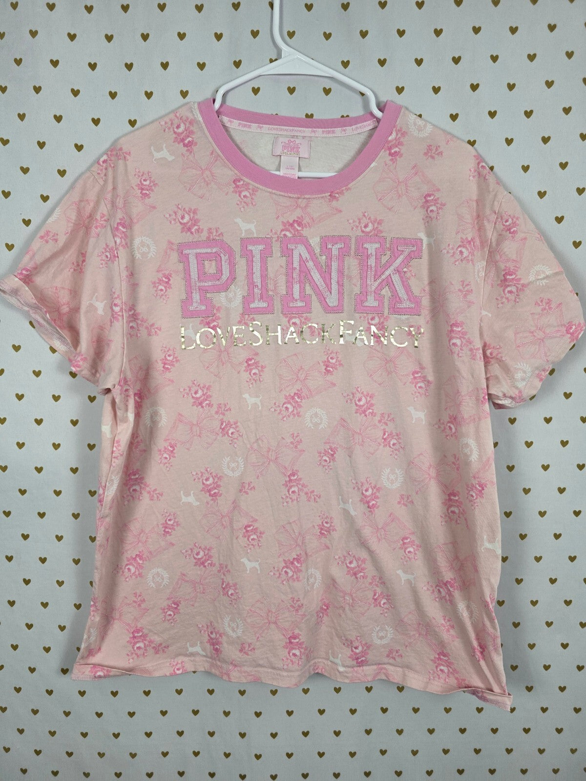 Victorias Secret PINK LOVESHACKFANCY Bows Logo Tee shirt LARGE Floral Campus Tee