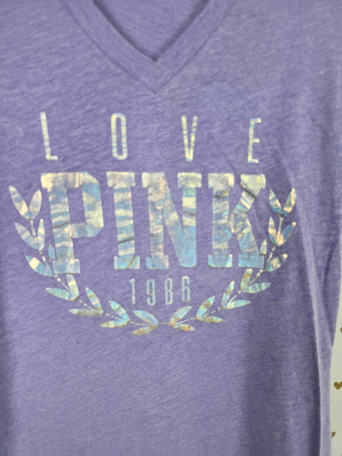 Victorias Secret PINK Purple V neck Holographic Logo Tee shirt XS