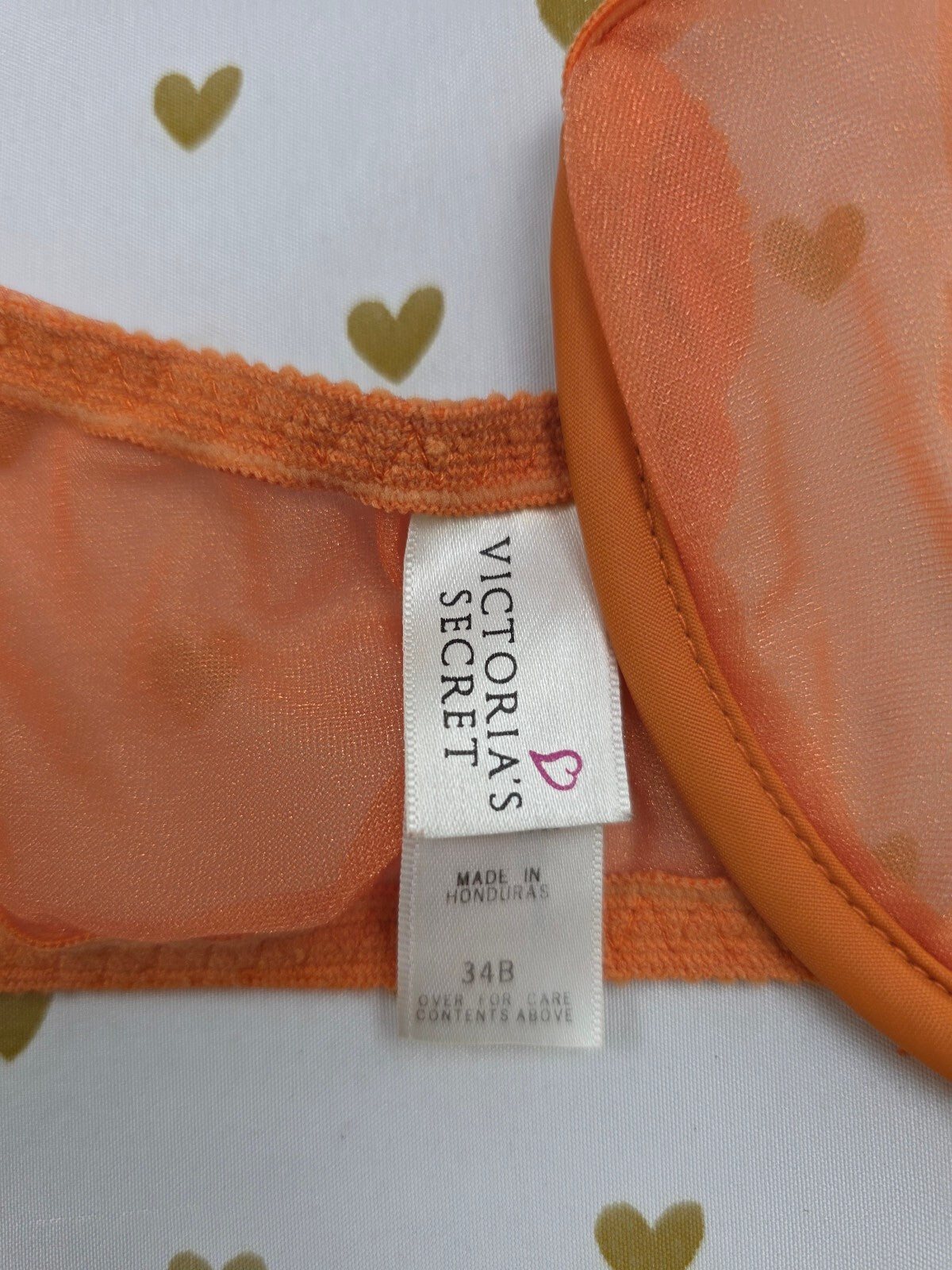 Victorias Secret Vintage Sheer Orange Heart Label 90's front close bra 34B
