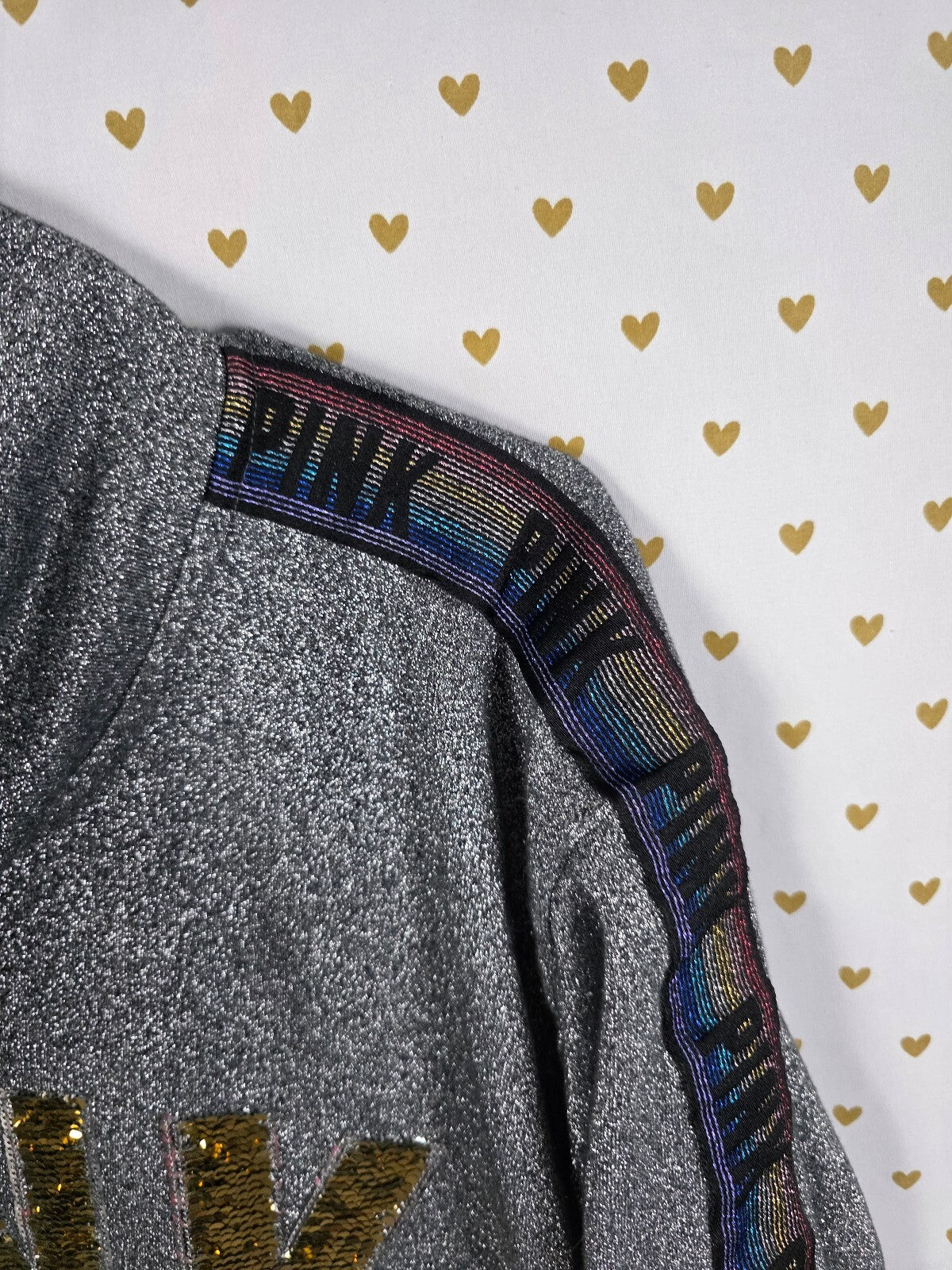 PINK Victoria's Secret Silver Rainbow Hoodie Gold Sequin Flip Large Y2K