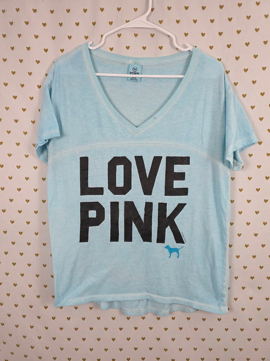 Victorias Secret PINK Vintage Blue V neck logo Tee shirt Medium