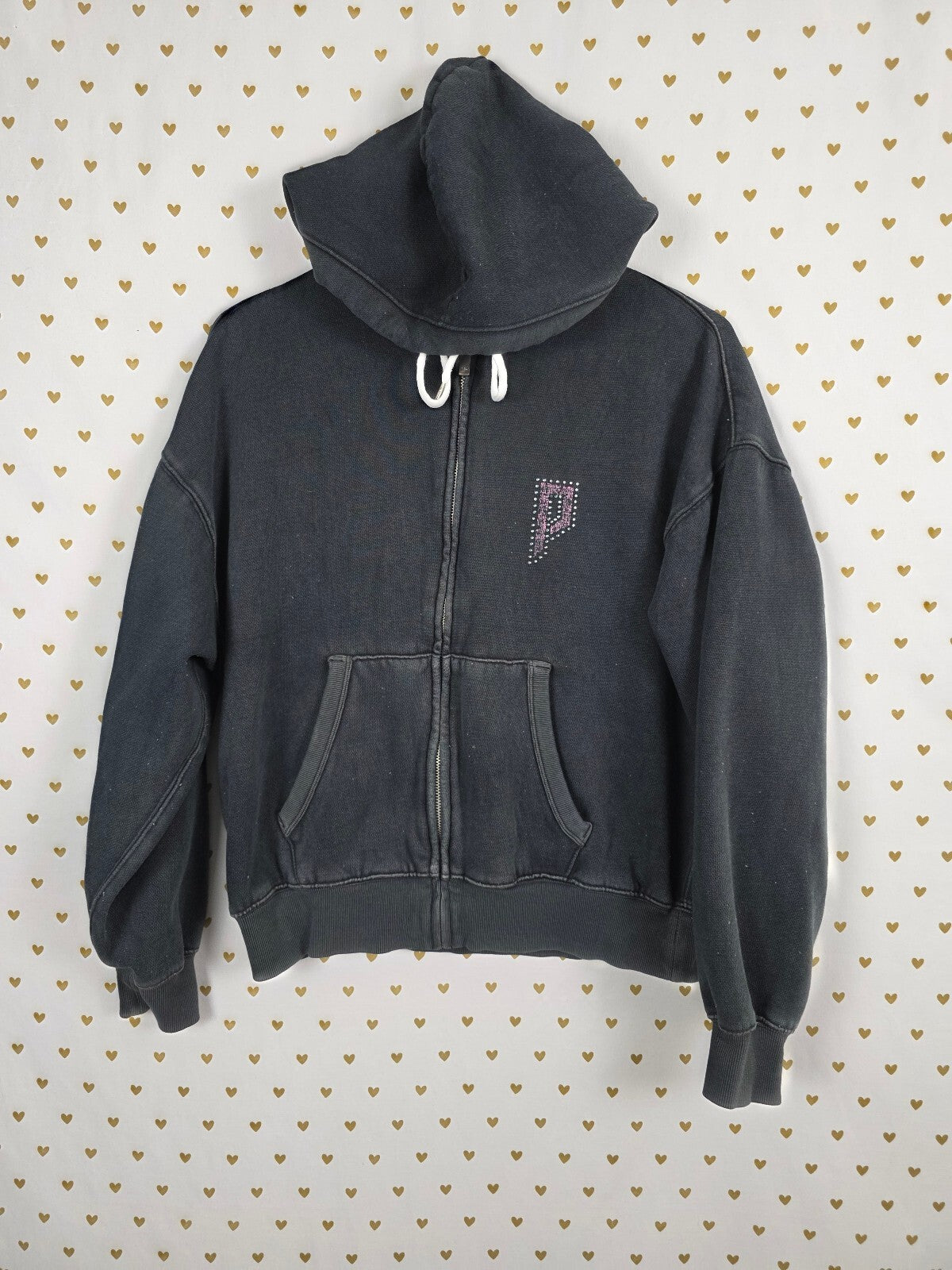 Victoria's Secret PINK Hoodie XS Black Rhinestone BLING Metallic Logo Zip Up
