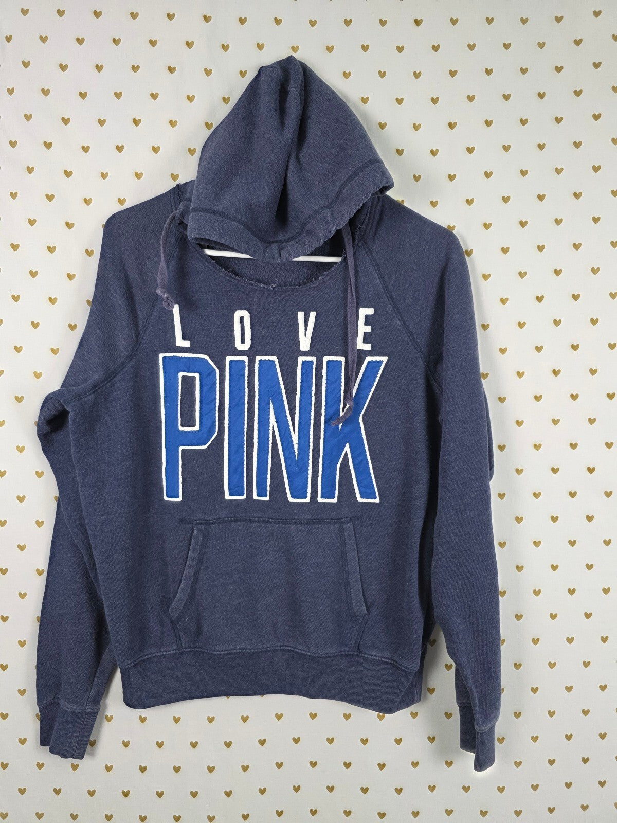 Victorias Secret Pink XS LOVE Embroidered Pullover Logo Hoodie Sweater Blue