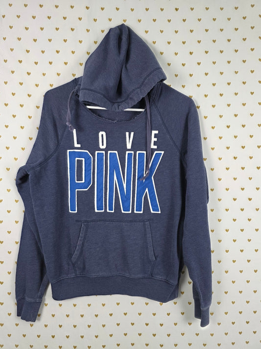 Victorias Secret Pink XS LOVE Embroidered Pullover Logo Hoodie Sweater Blue