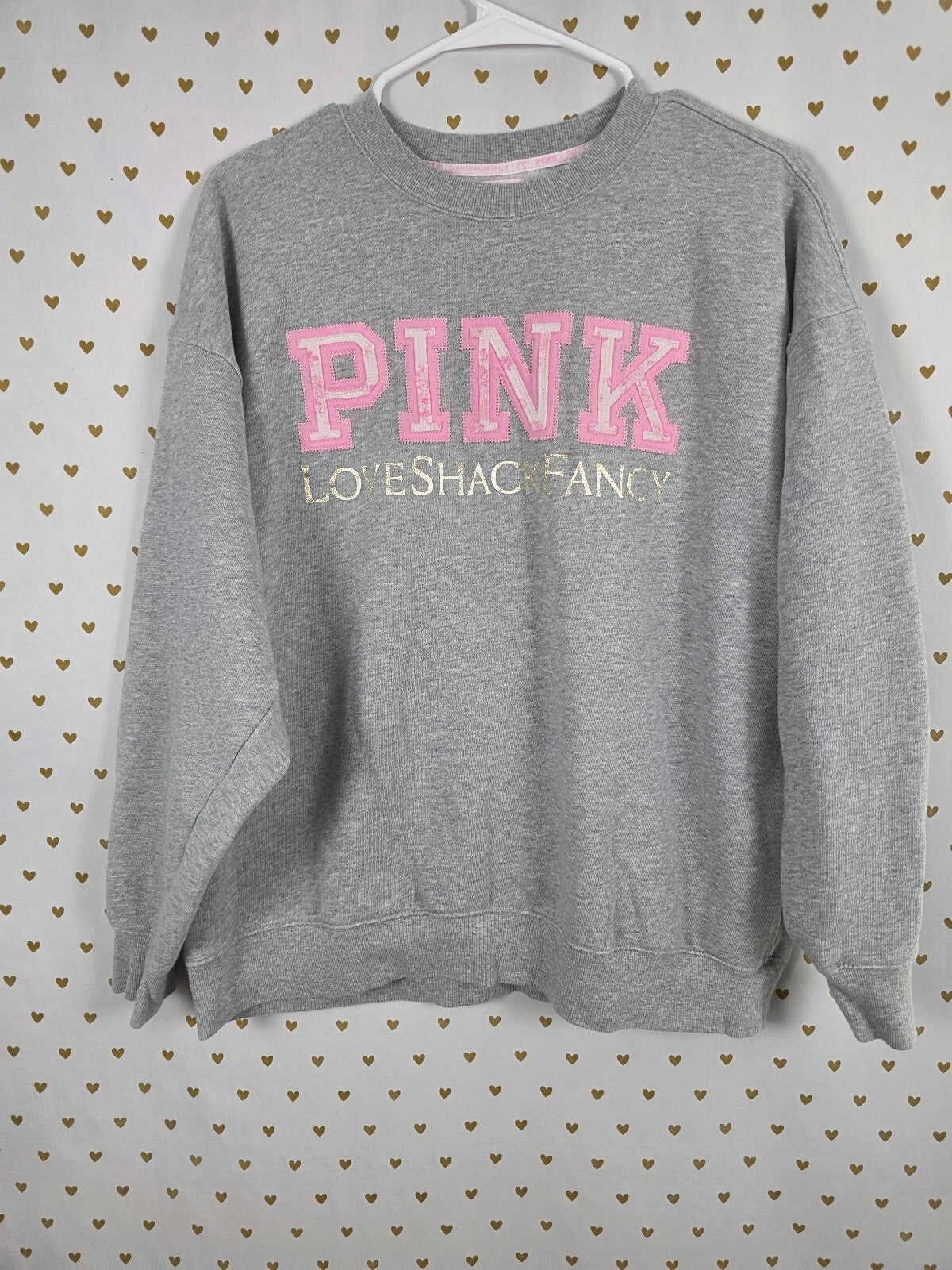 PINK x LoveShackFancy Oversized Crew Sweatshirt Large Gray Logo Bow Limited