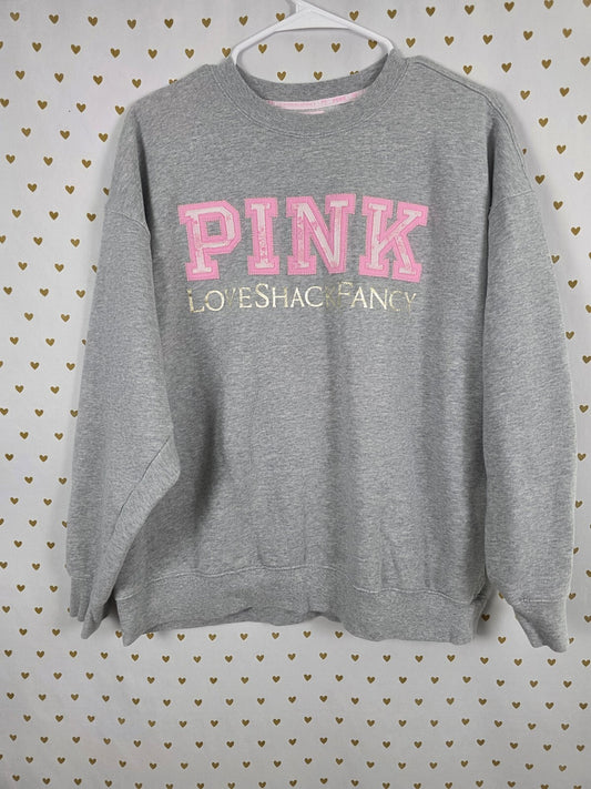 PINK x LoveShackFancy Oversized Crew Sweatshirt Large Gray Logo Bow Limited