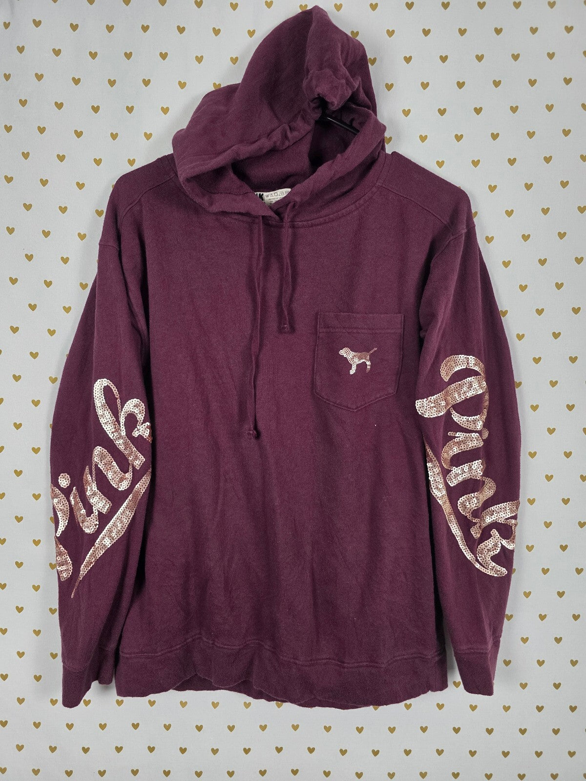Victorias Secret PINK Matte Gold Bling Hooded Tee shirt XS OVERSIZED