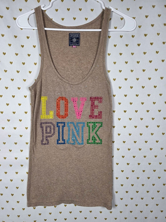 Victoria's Secret PINK Love Pink Rhinestone Ribbed Tank Top Y2K Bling Large