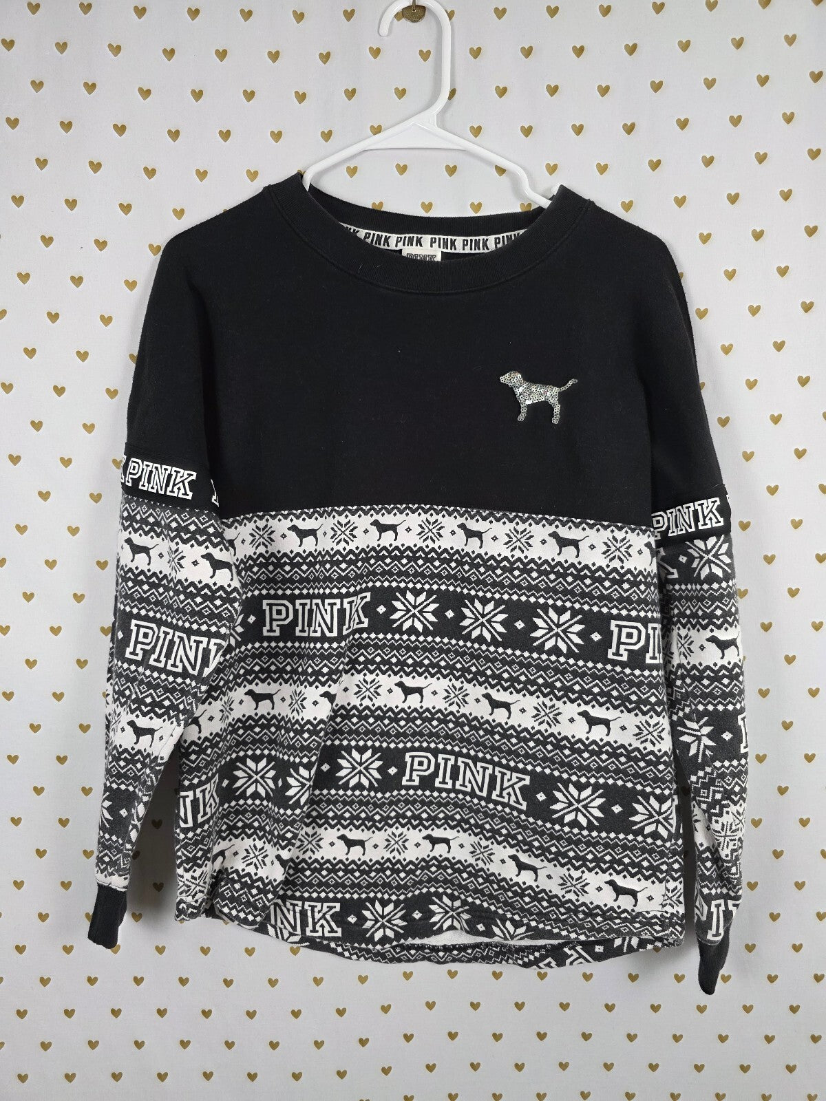 Victorias Secret Pink Bling Sequined Logo Winter Campus Sweater Shirt XS