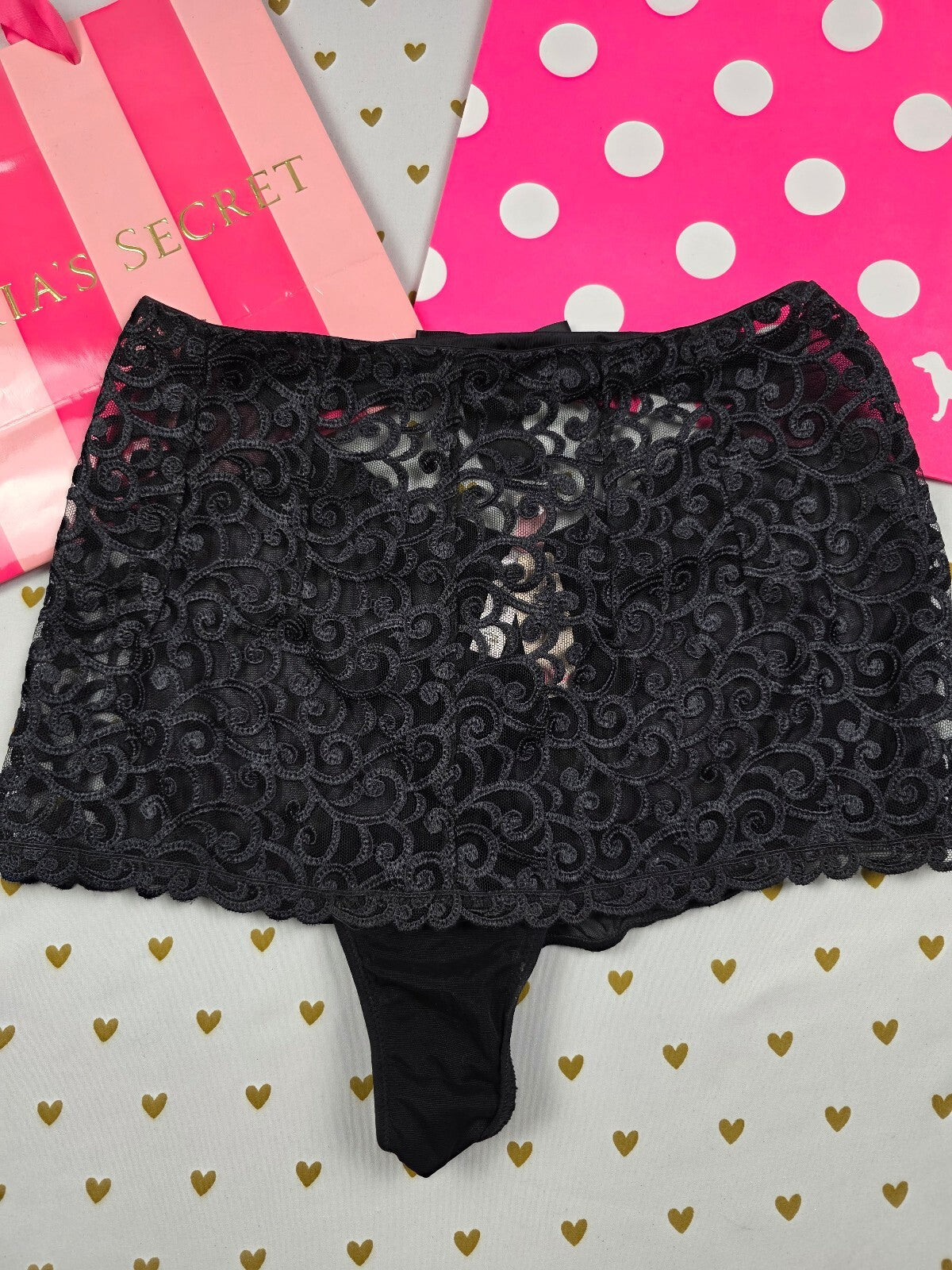 Vintage 2003 Victoria's Secret Lace Skirt Thong Panties M NWT Black Bow