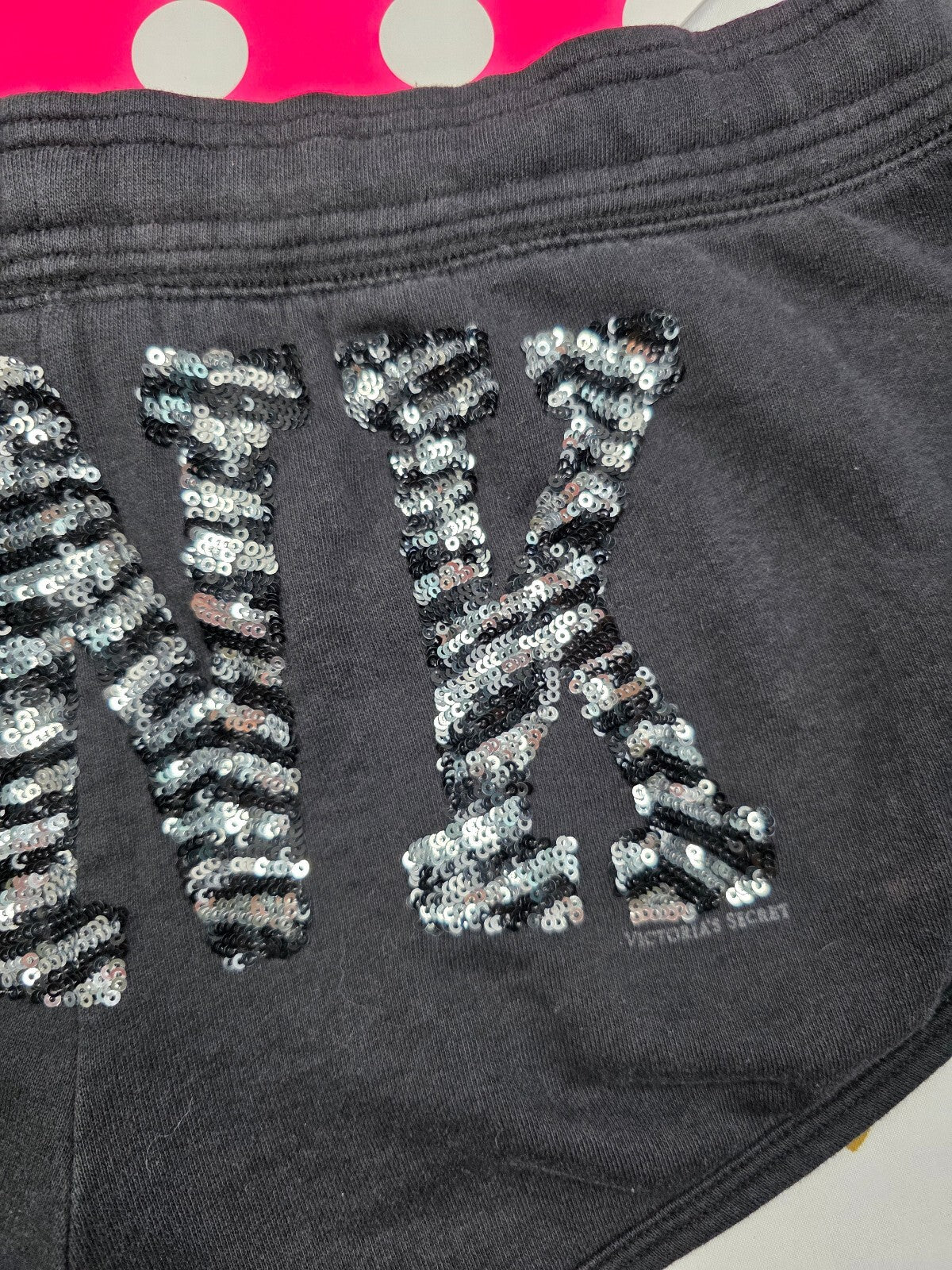Victoria's Secret PINK Sequin Logo Shorts Black SMALL zebra Bling Lounge Y2K