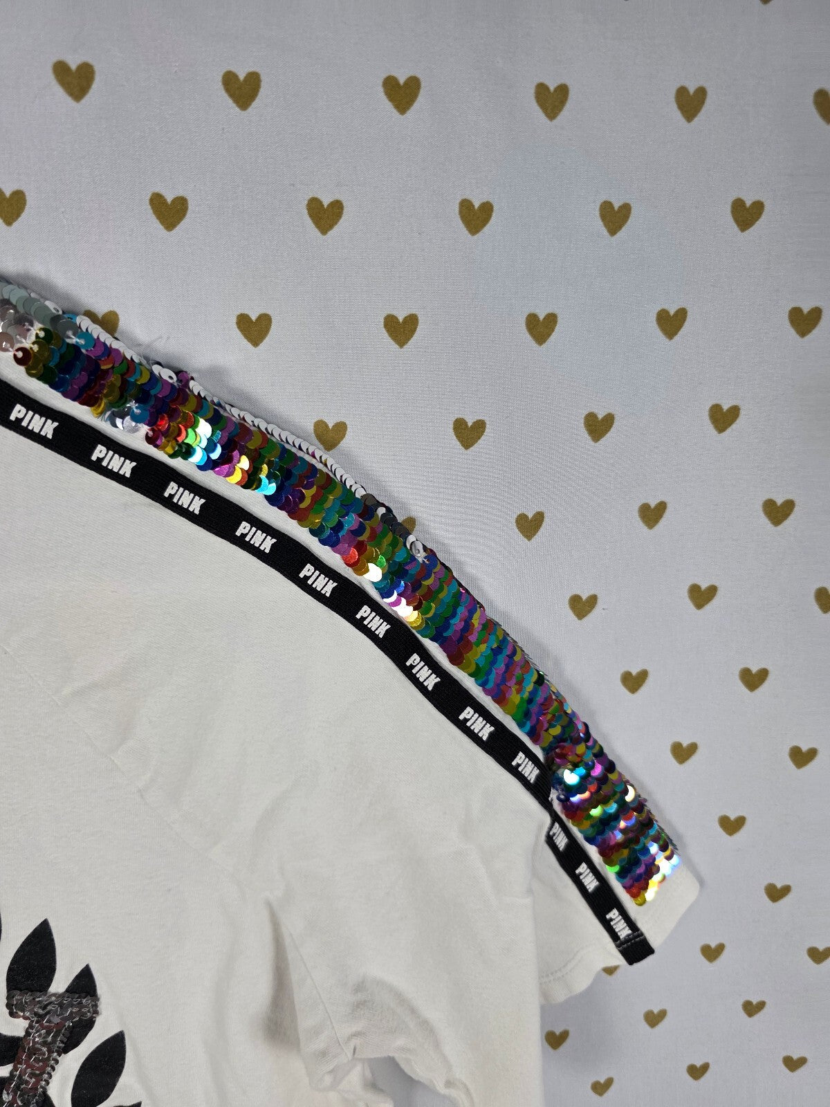 Victoria's Secret PINK Sequin Logo T Shirt Flip Rainbow Sequins White S
