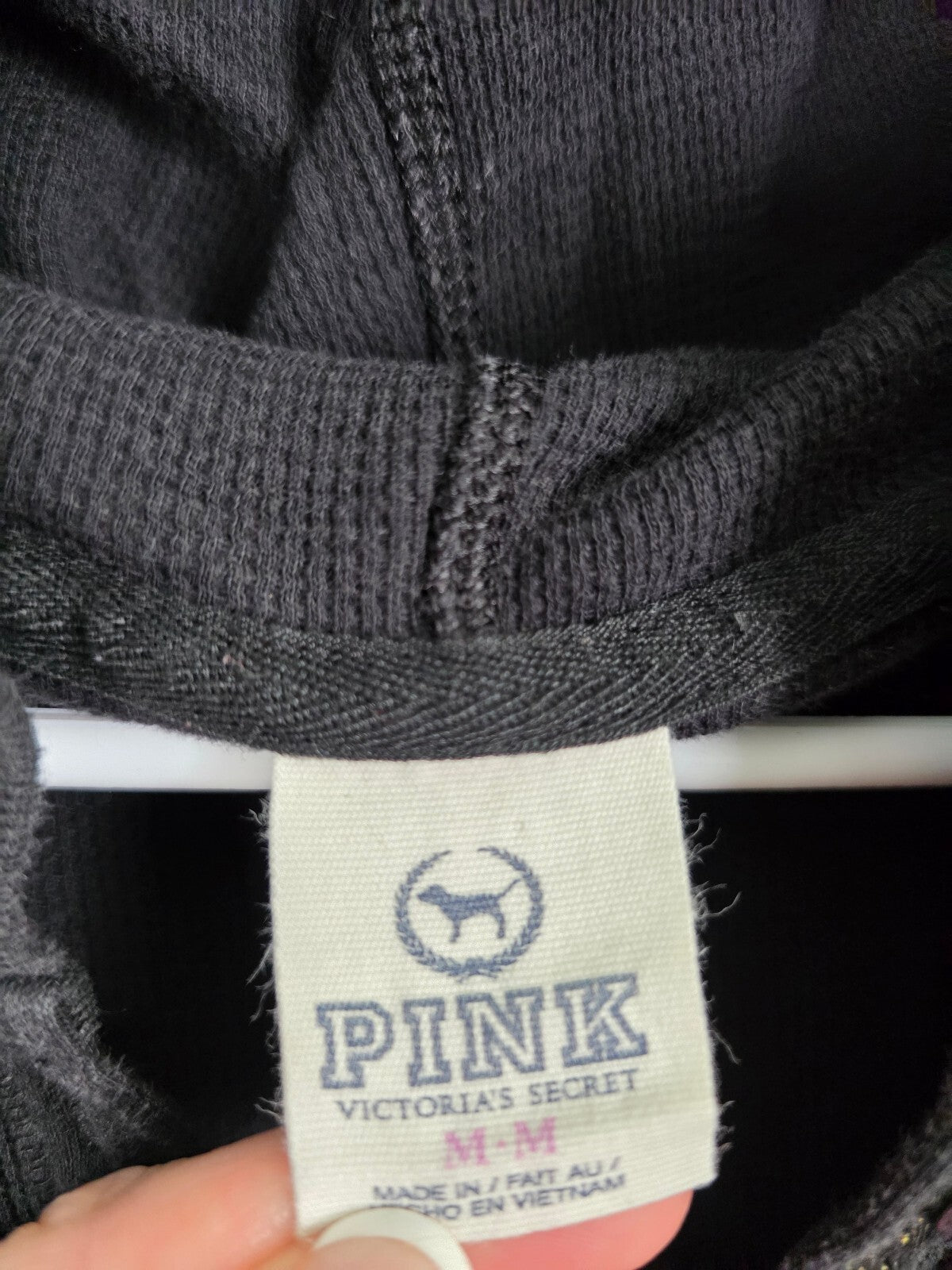 Victorias Secret Pink Vintage Black Thermal Hooded Henley Logo Medium