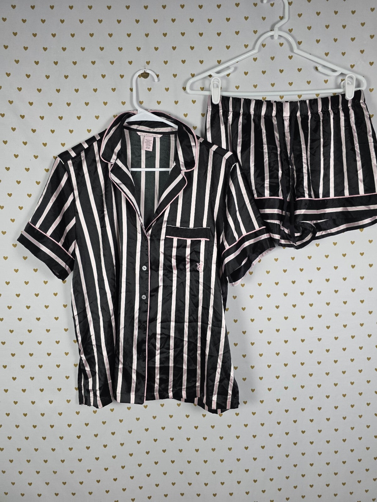Victorias Secret Satin Striped Sleep Set 2pc outfit shirt shorts Small